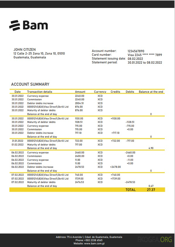 Modèle de relevé bancaire Guatemala Agromercantil, format Word et PDF